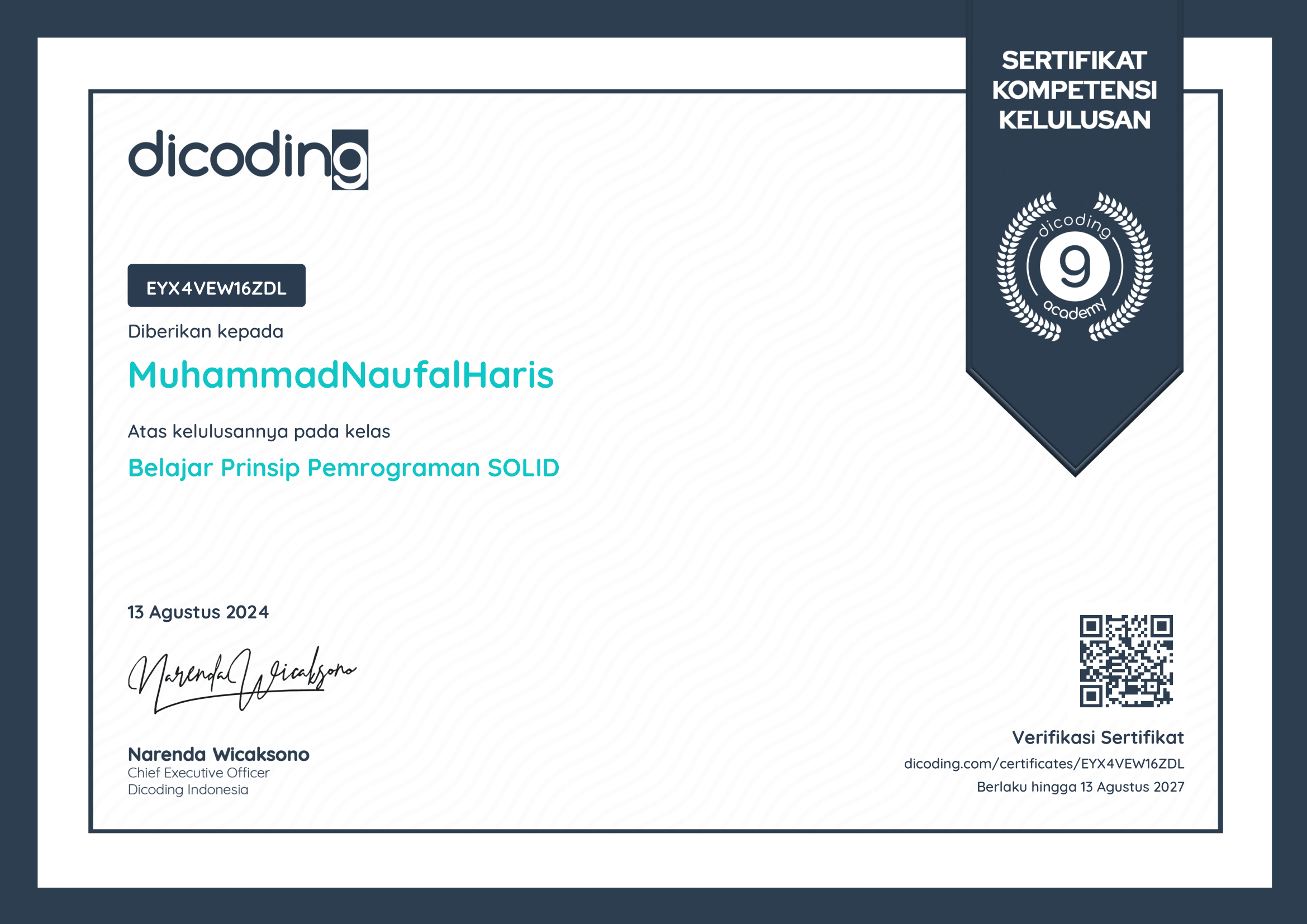 Dicoding SOLID Principles Certificate